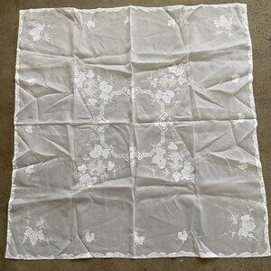 Vintage Organdie Madeira Applique Floral Embroidered Square Tablecloth 48'' x 48